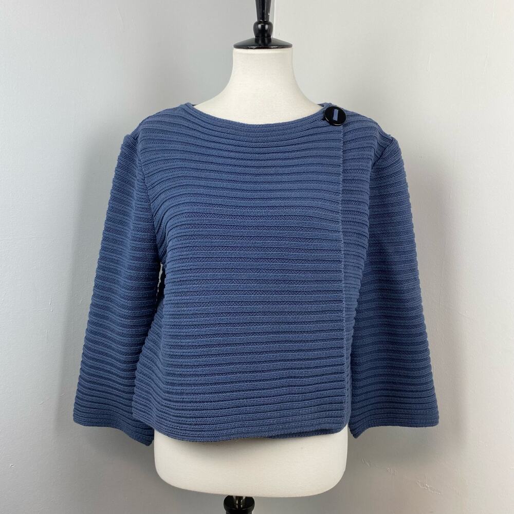 Magaschoni Blue Ribbed Knit Button-Shoulder Sweater cashmere
